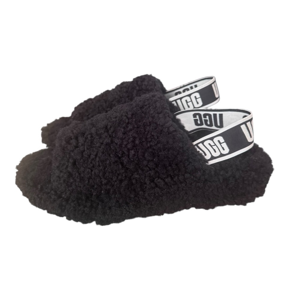 Womens Ugg Fluff Yea Black Shearling Fur Sling Back Platform Slide Slippers Sz 8
